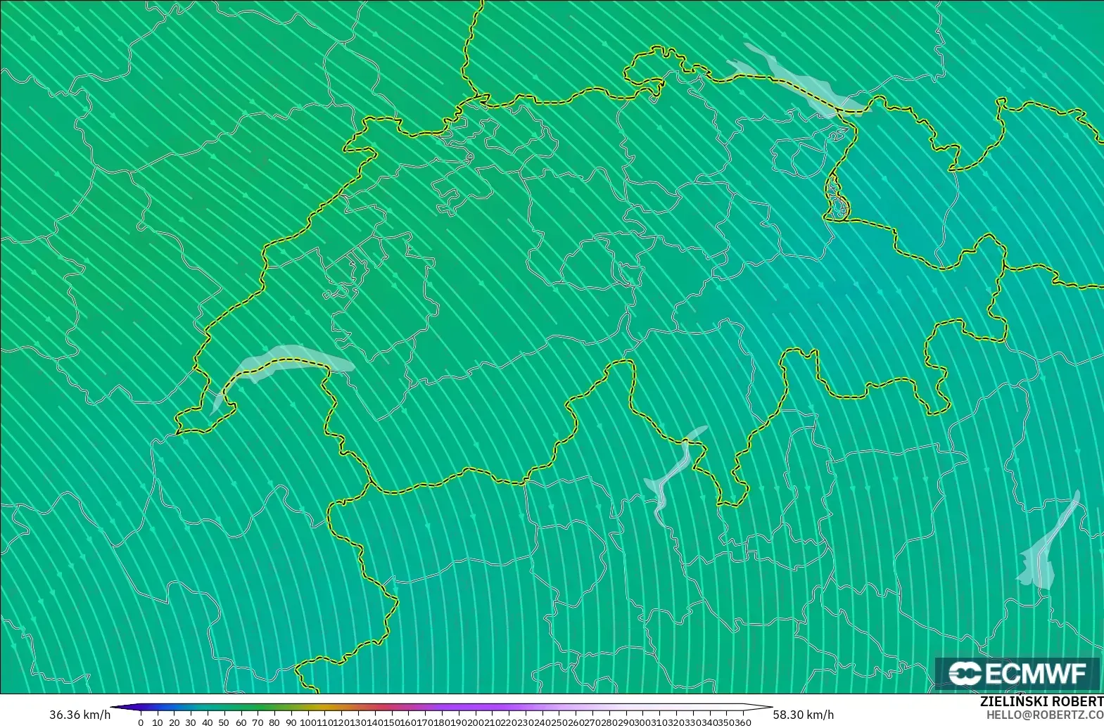 ECMWF IFS 0,25° modelo - Suíça, Vento a 300 hPa (corrente em jato)