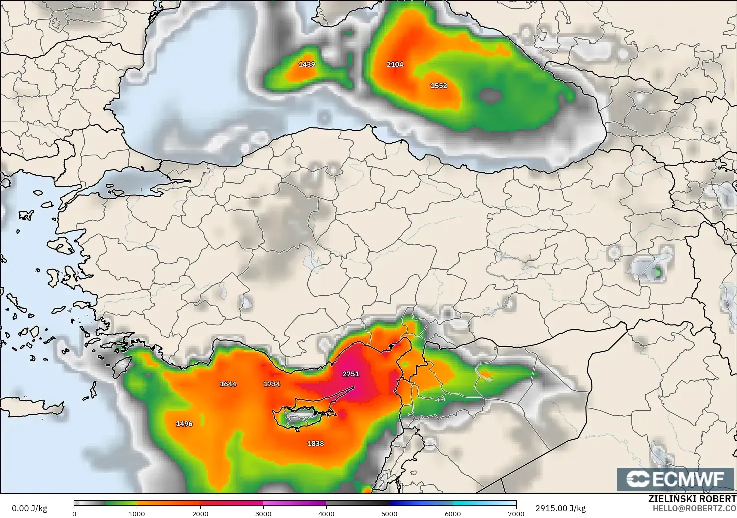 ECMWF IFS 0,25° modelo - Turquia, CAPE