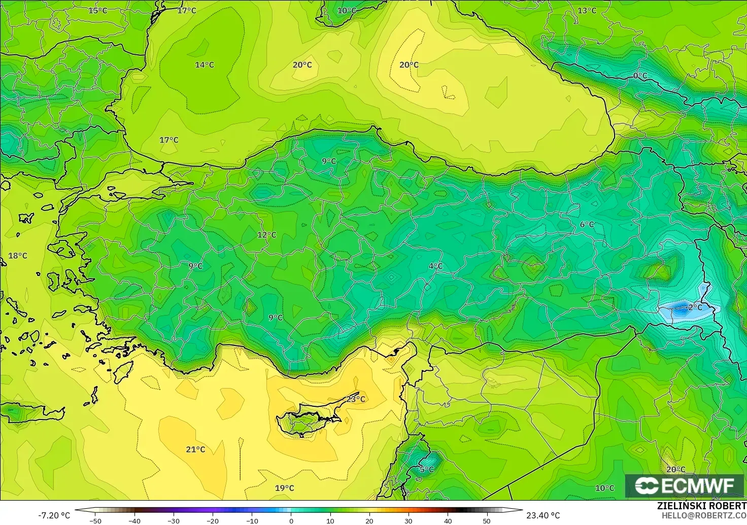 ECMWF IFS 0,25° modelo - Turquia, Ponto de orvalho a 2 m
