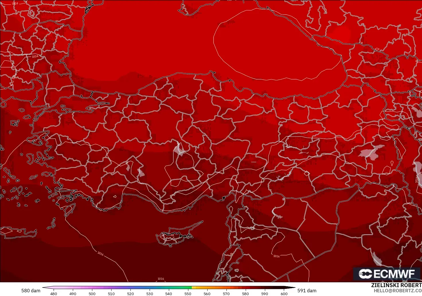 ECMWF IFS 0,25° modelo - Turquia, Altura geopotencial a 500 hPa
