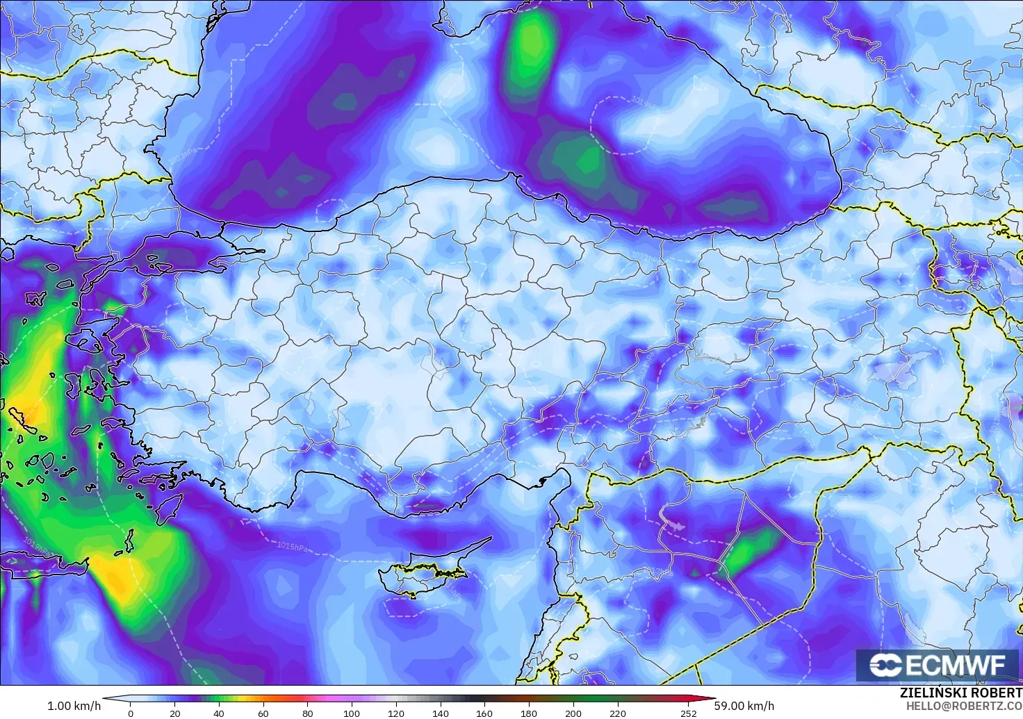 ECMWF IFS 0,25° modelo - Turquia, Rajadas de vento