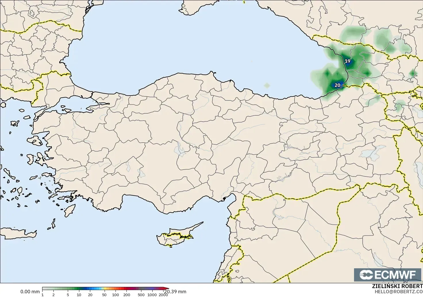 ECMWF IFS 0,25° modelo - Turquia, Acúmulo de precipitação