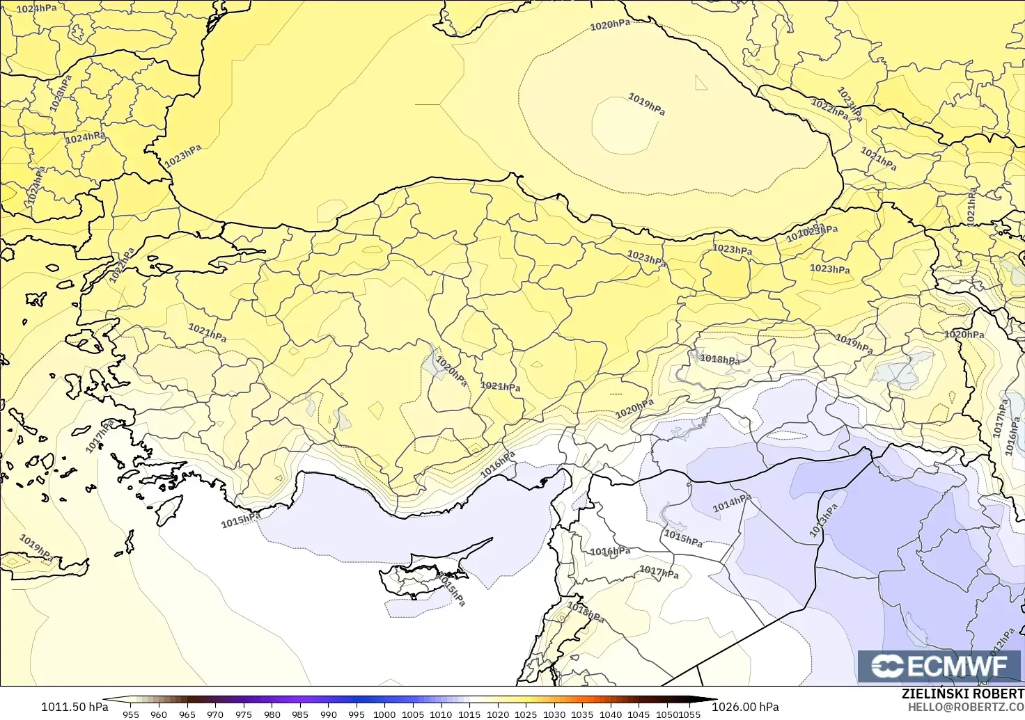 ECMWF IFS 0,25° modelo - Turquia, Pressão