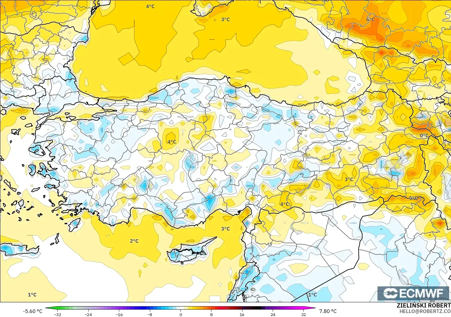ECMWF IFS 0,25° modelo - Turquia, Anomalia de temperatura a 2 m