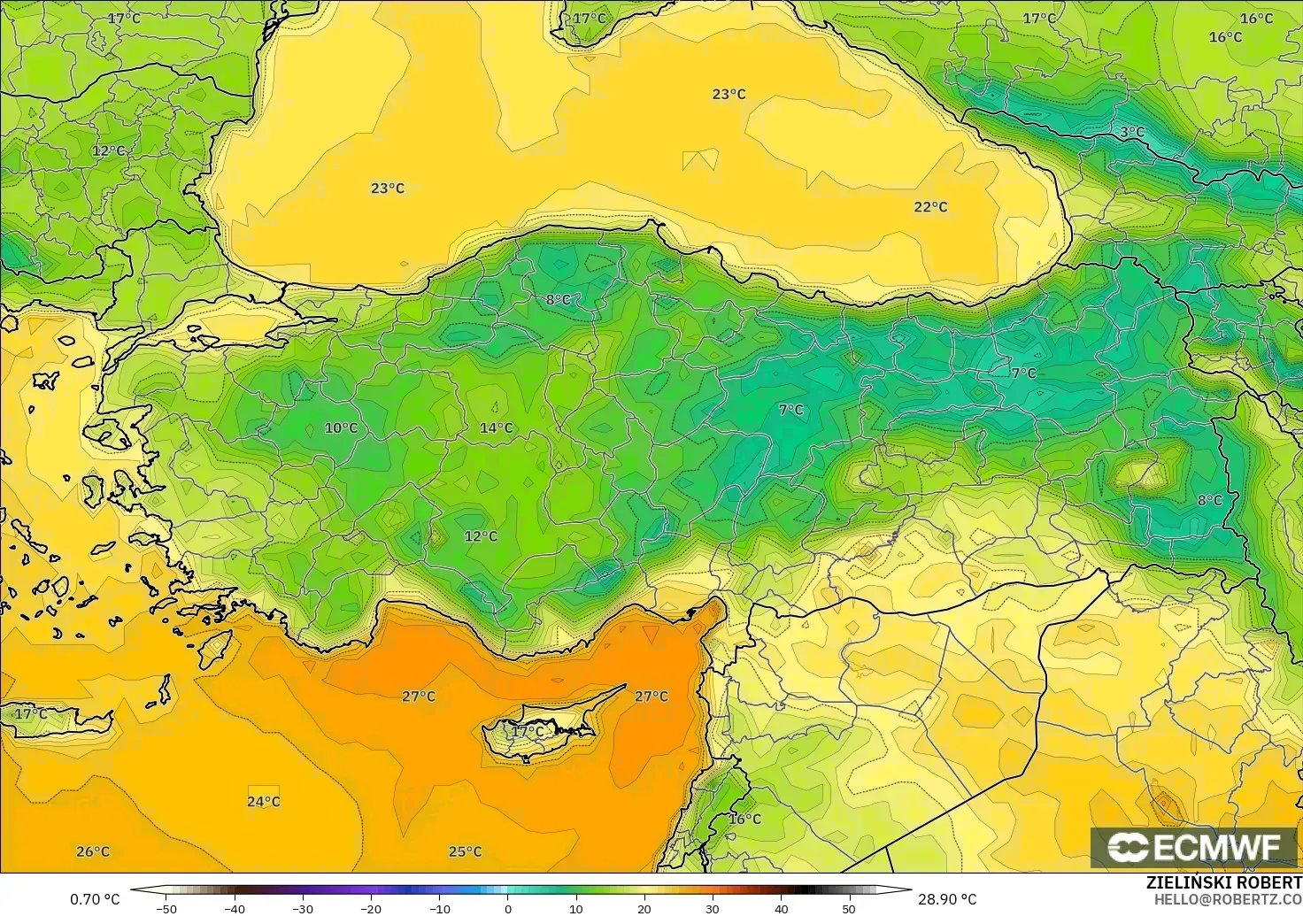 ECMWF IFS 0,25° modelo - Turquia, Temperatura a 2 m