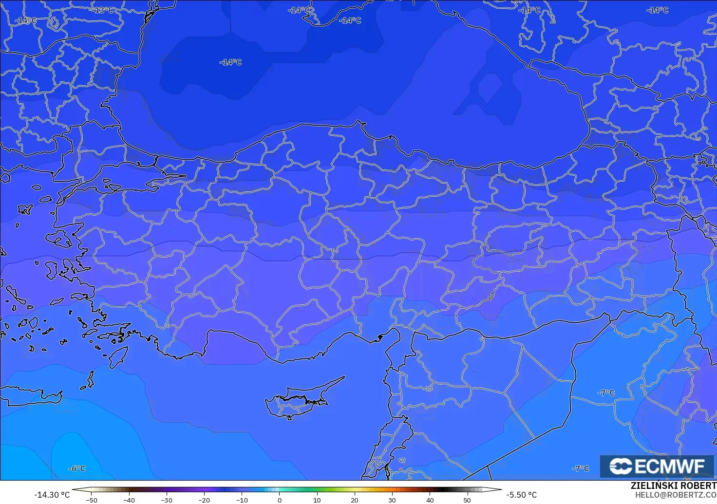ECMWF IFS 0,25° modelo - Turquia, Temperatura a 500 hPa