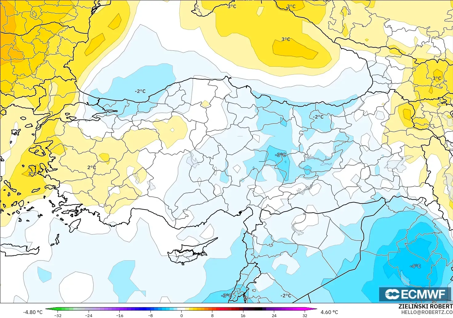 ECMWF IFS 0,25° modelo - Turquia, Anomalia de temperatura a 850 hPa