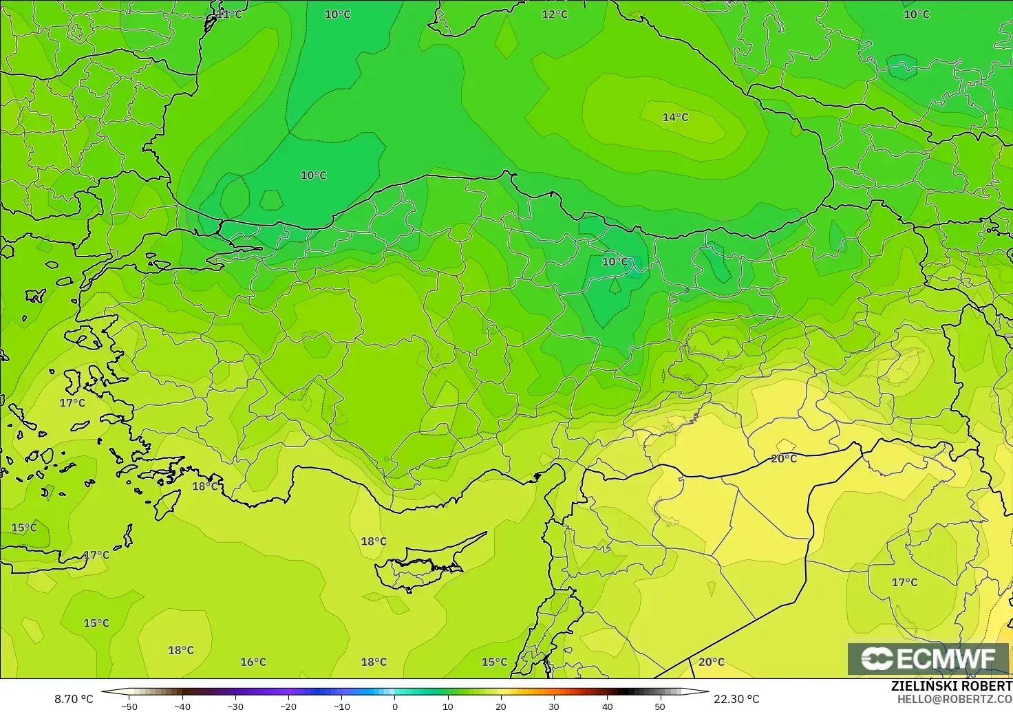 ECMWF IFS 0,25° modelo - Turquia, Temperatura a 850 hPa