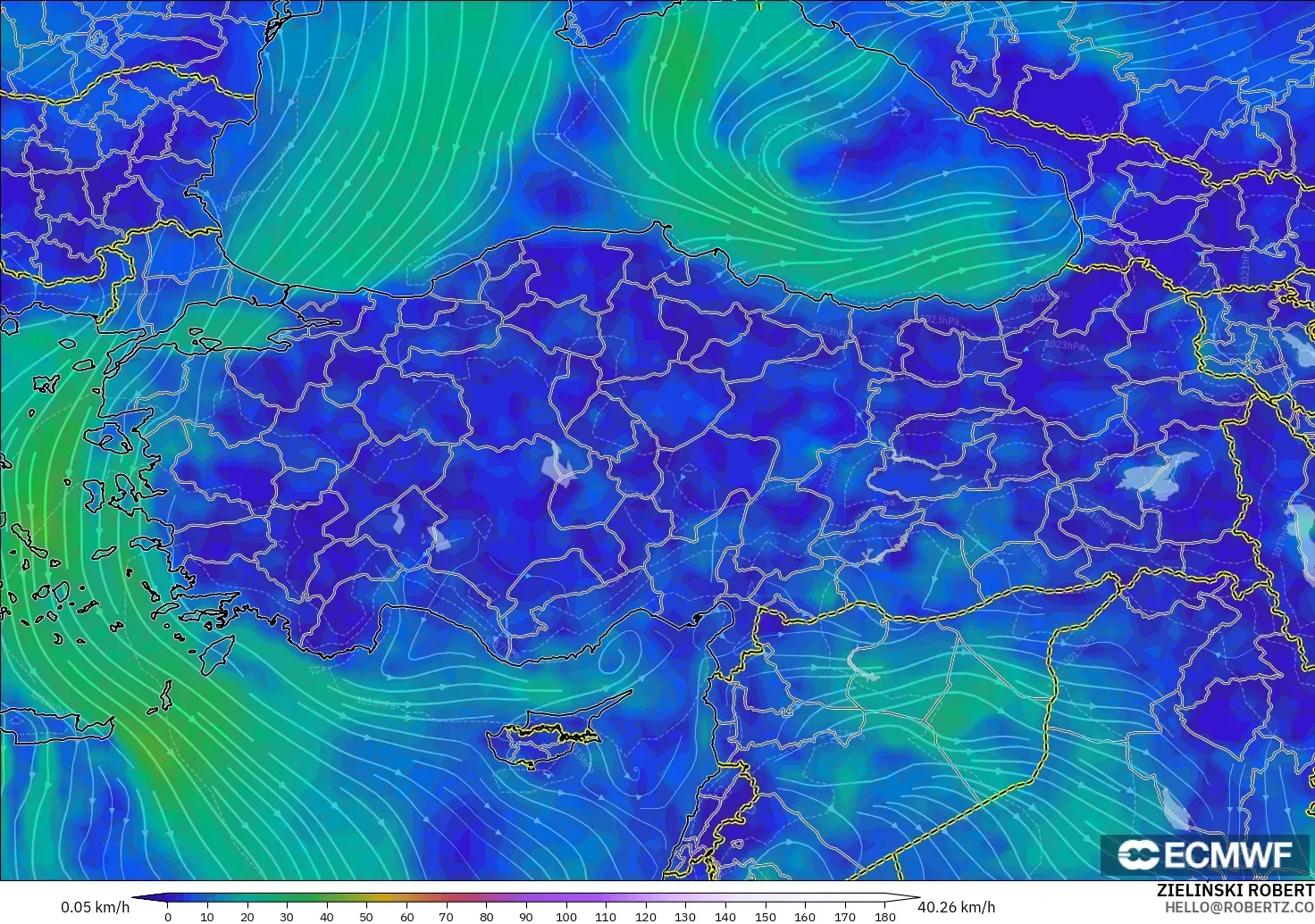 ECMWF IFS 0,25° modelo - Turquia, Vento a 10 m