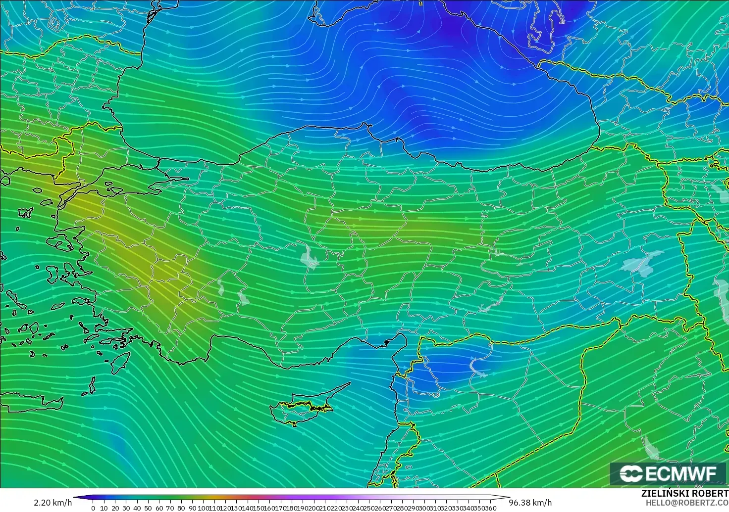 ECMWF IFS 0,25° modelo - Turquia, Vento a 300 hPa (corrente em jato)