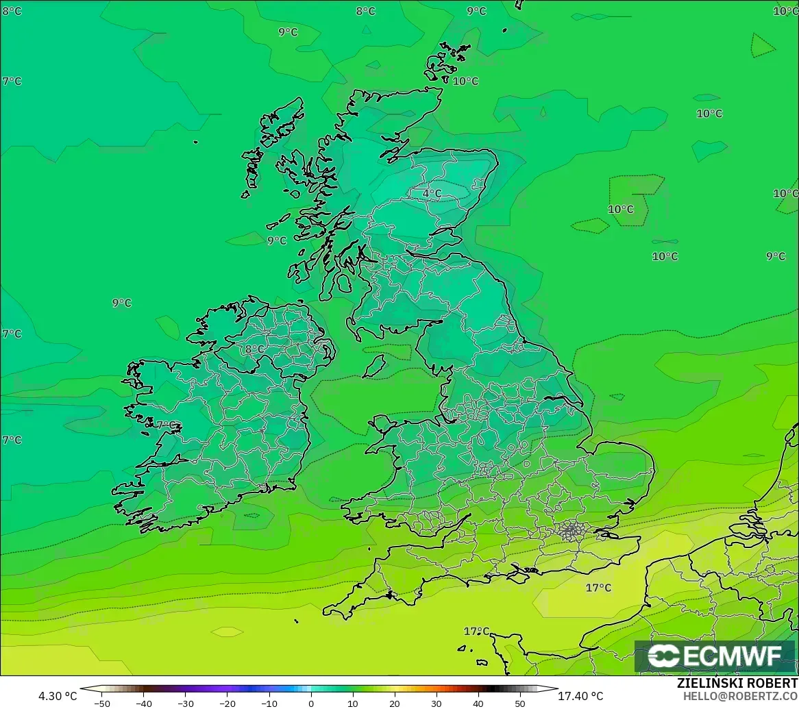 ECMWF IFS 0,25° modelo - Reino Unido, Ponto de orvalho a 2 m