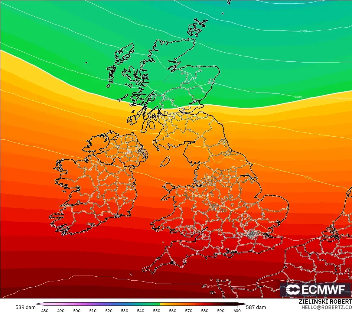 ECMWF IFS 0,25° modelo - Reino Unido, Altura geopotencial a 500 hPa