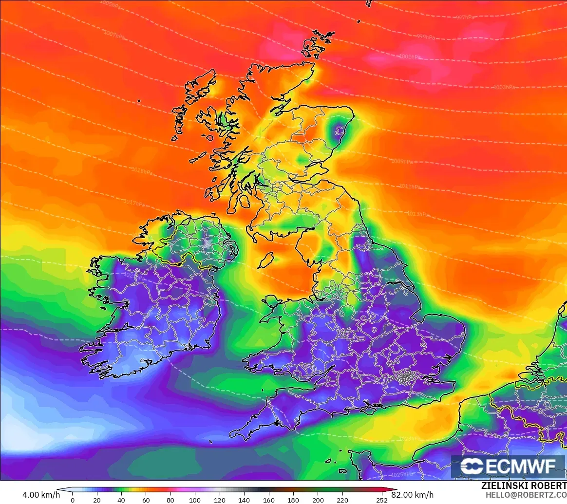 ECMWF IFS 0,25° modelo - Reino Unido, Rajadas de Vento Máximas