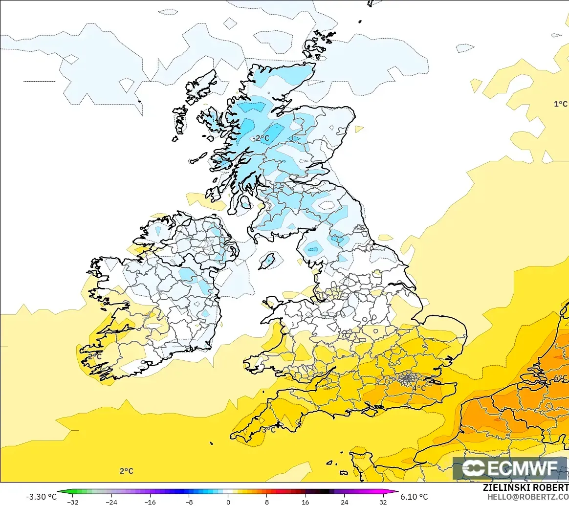 ECMWF IFS 0,25° modelo - Reino Unido, Anomalia de temperatura a 2 m