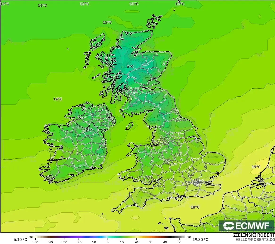 ECMWF IFS 0,25° modelo - Reino Unido, Temperatura a 2 m