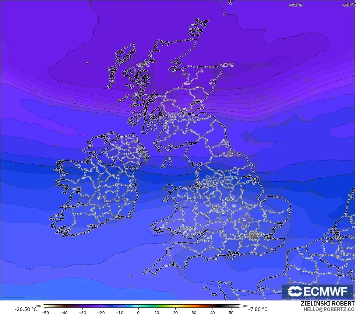 ECMWF IFS 0,25° modelo - Reino Unido, Temperatura a 500 hPa