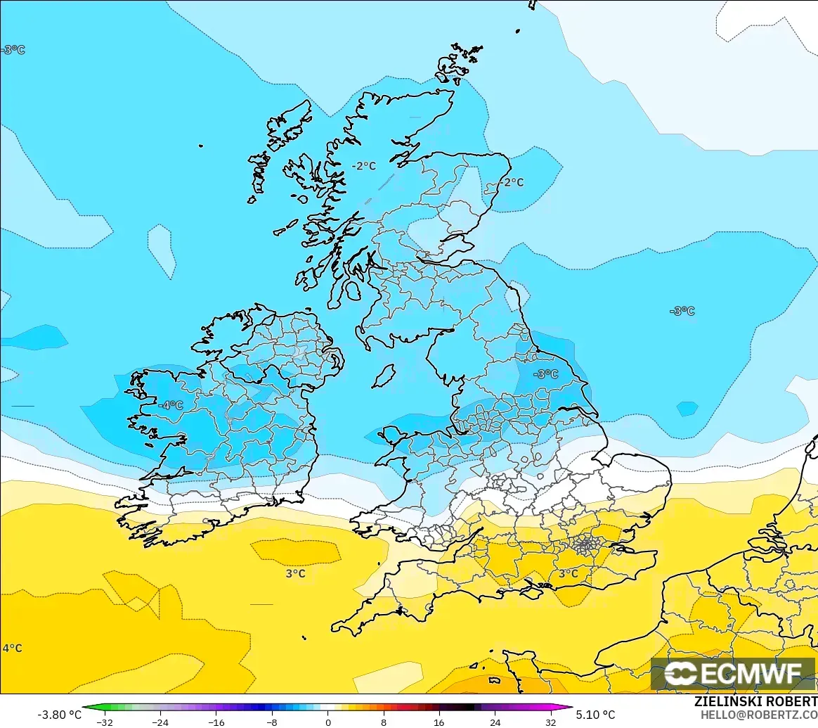 ECMWF IFS 0,25° modelo - Reino Unido, Anomalia de temperatura a 850 hPa