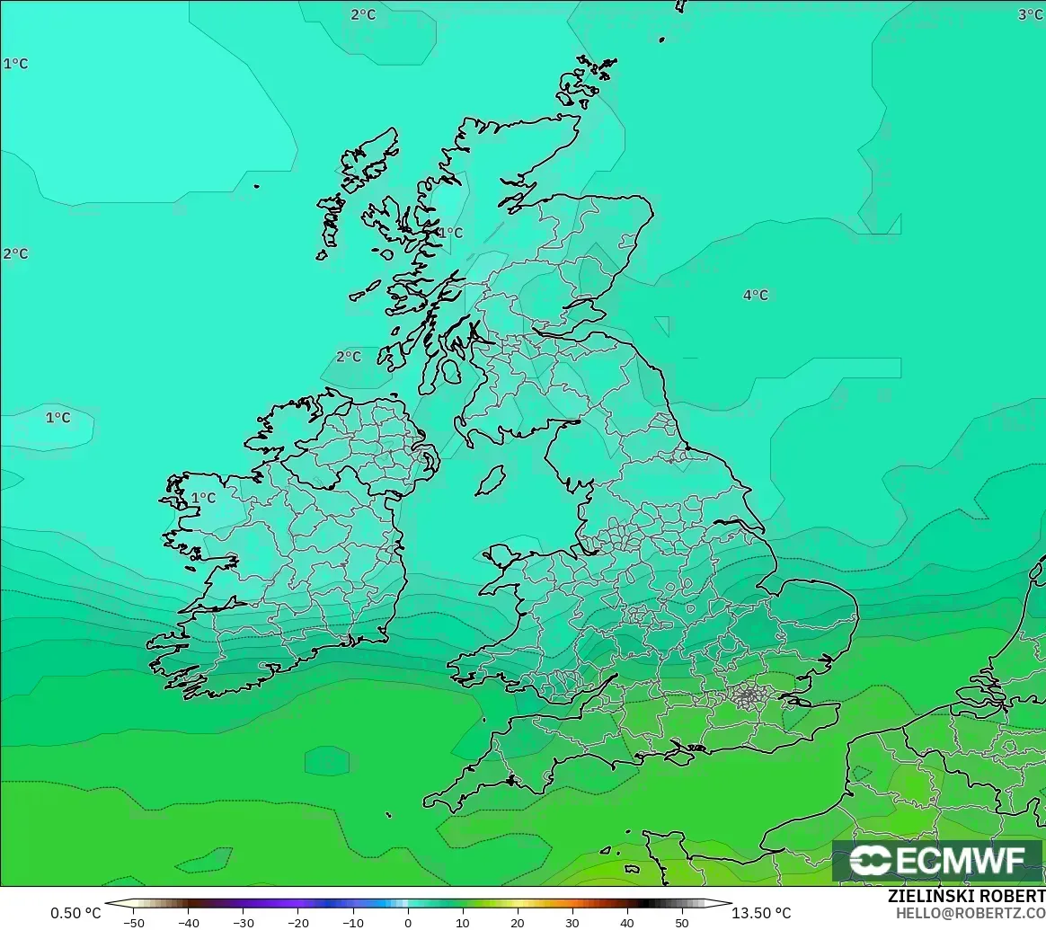ECMWF IFS 0,25° modelo - Reino Unido, Temperatura a 850 hPa