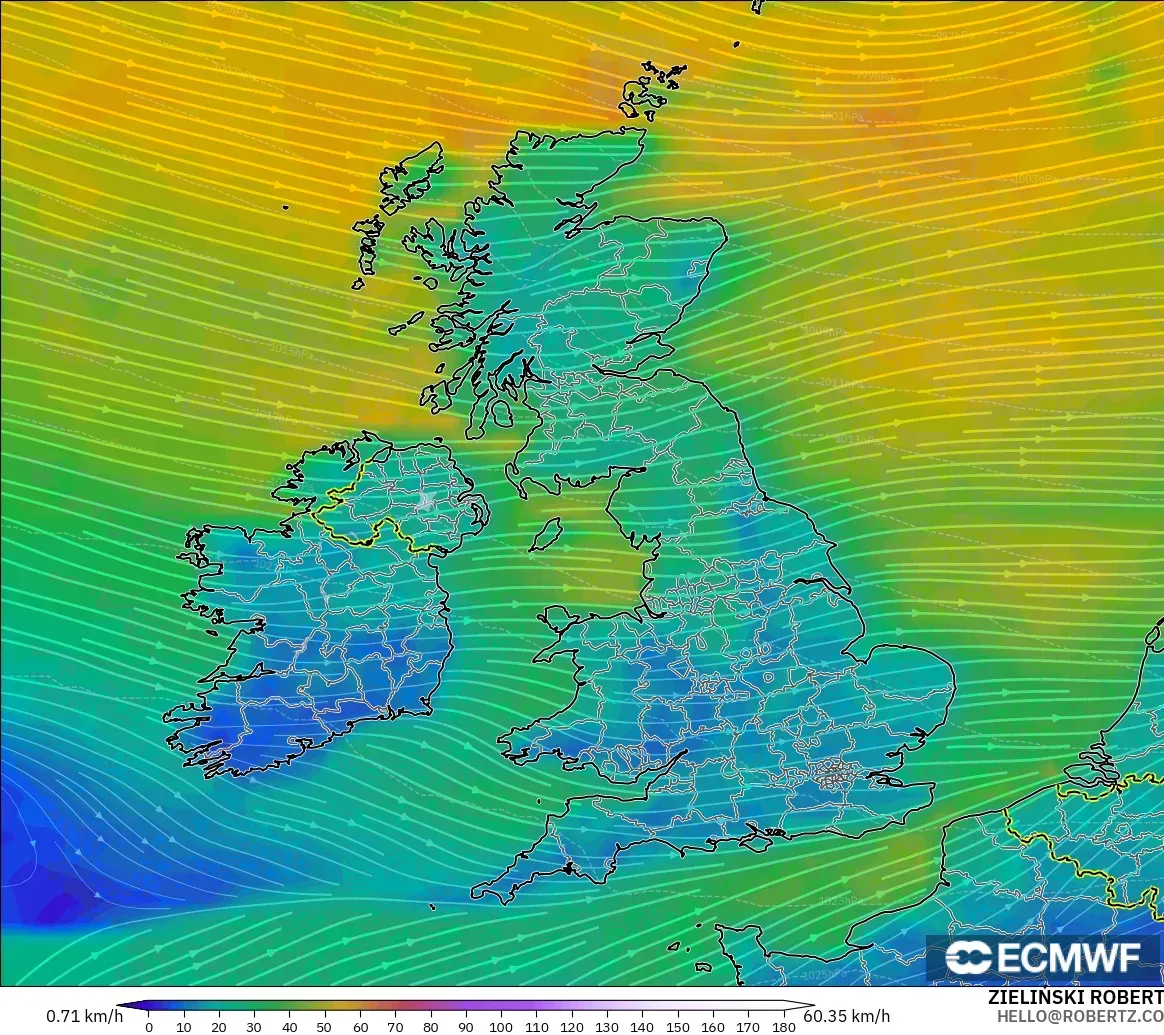 ECMWF IFS 0,25° modelo - Reino Unido, Vento a 10 m