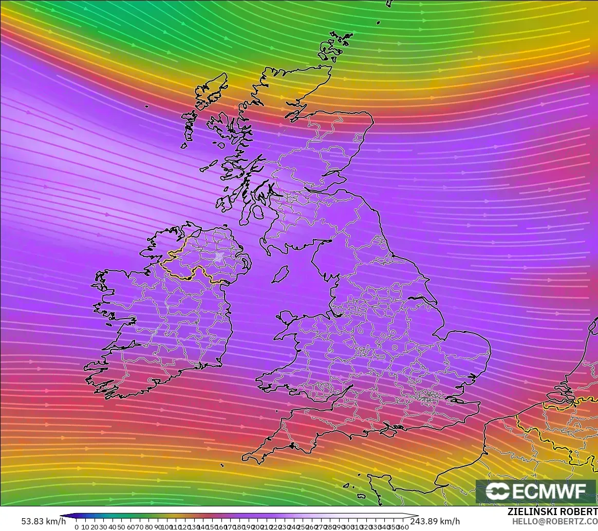 ECMWF IFS 0,25° modelo - Reino Unido, Vento a 300 hPa (corrente em jato)