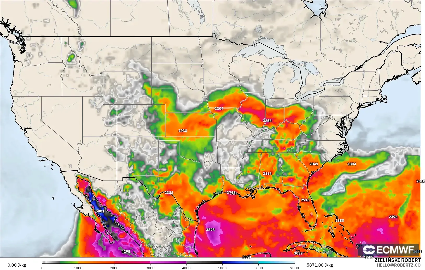 ECMWF IFS 0,25° modelo - Estados Unidos, CAPE