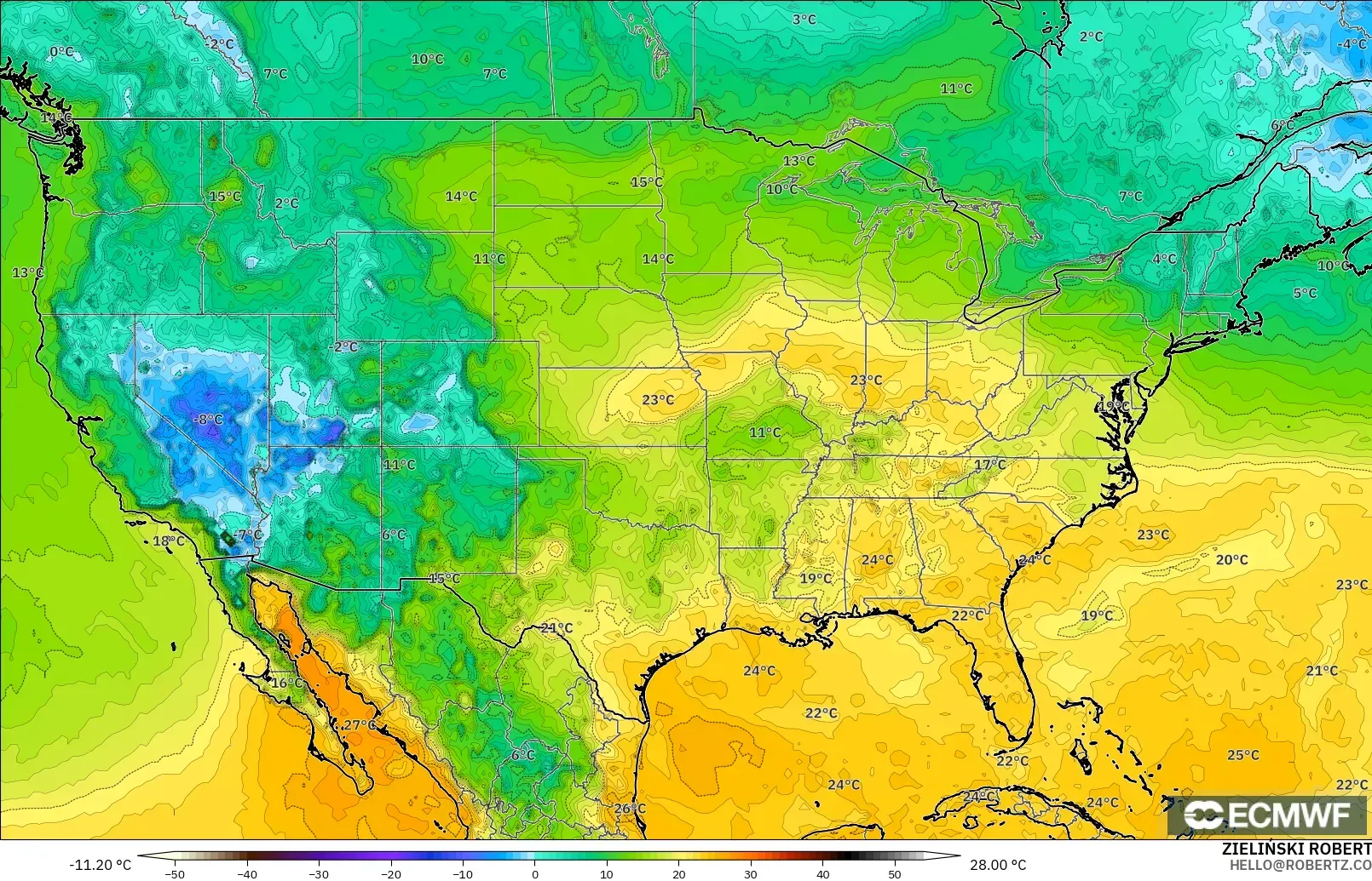 ECMWF IFS 0,25° modelo - Estados Unidos, Ponto de orvalho a 2 m