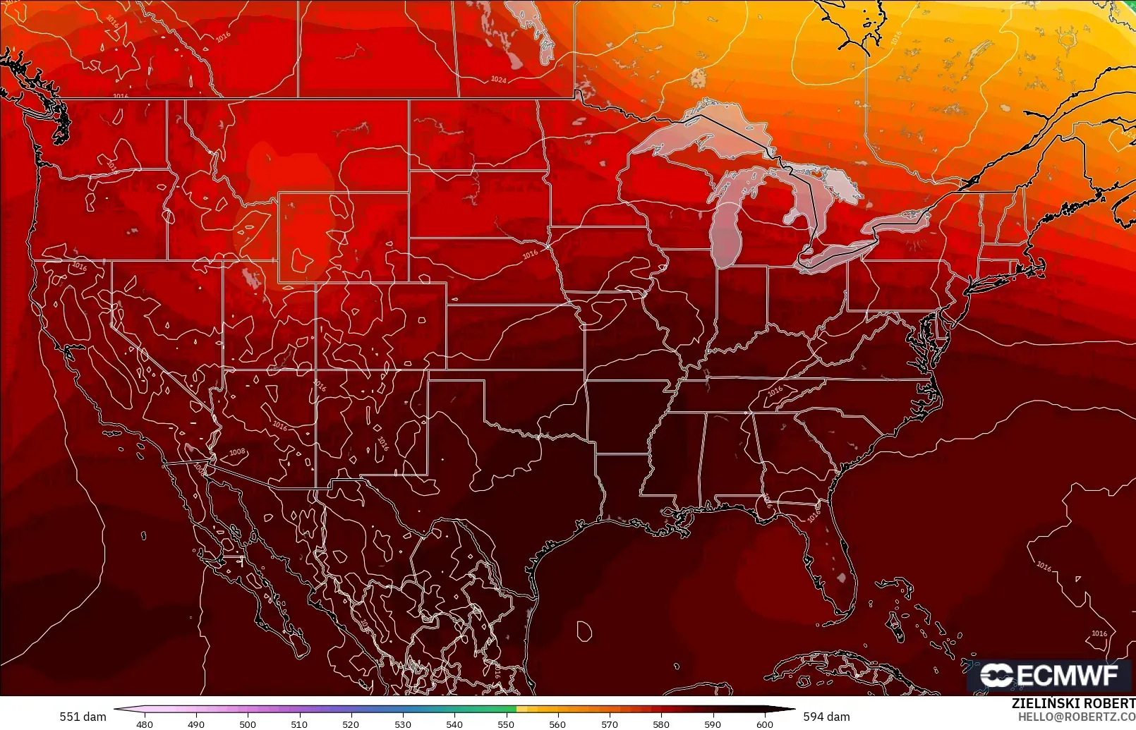 ECMWF IFS 0,25° modelo - Estados Unidos, Altura geopotencial a 500 hPa