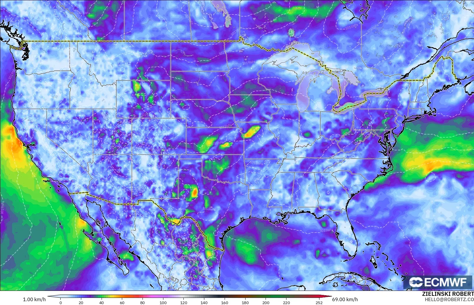 ECMWF IFS 0,25° modelo - Estados Unidos, Rajadas de vento