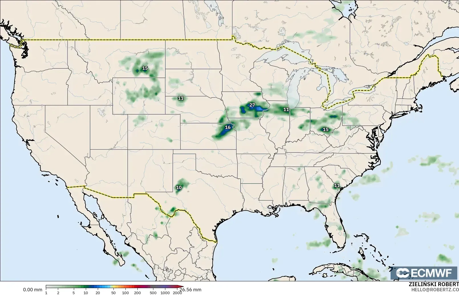 ECMWF IFS 0,25° modelo - Estados Unidos, Acúmulo de precipitação