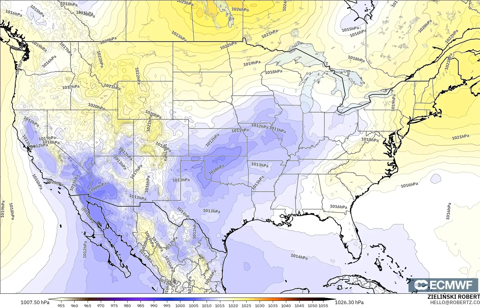 ECMWF IFS 0,25° modelo - Estados Unidos, Pressão