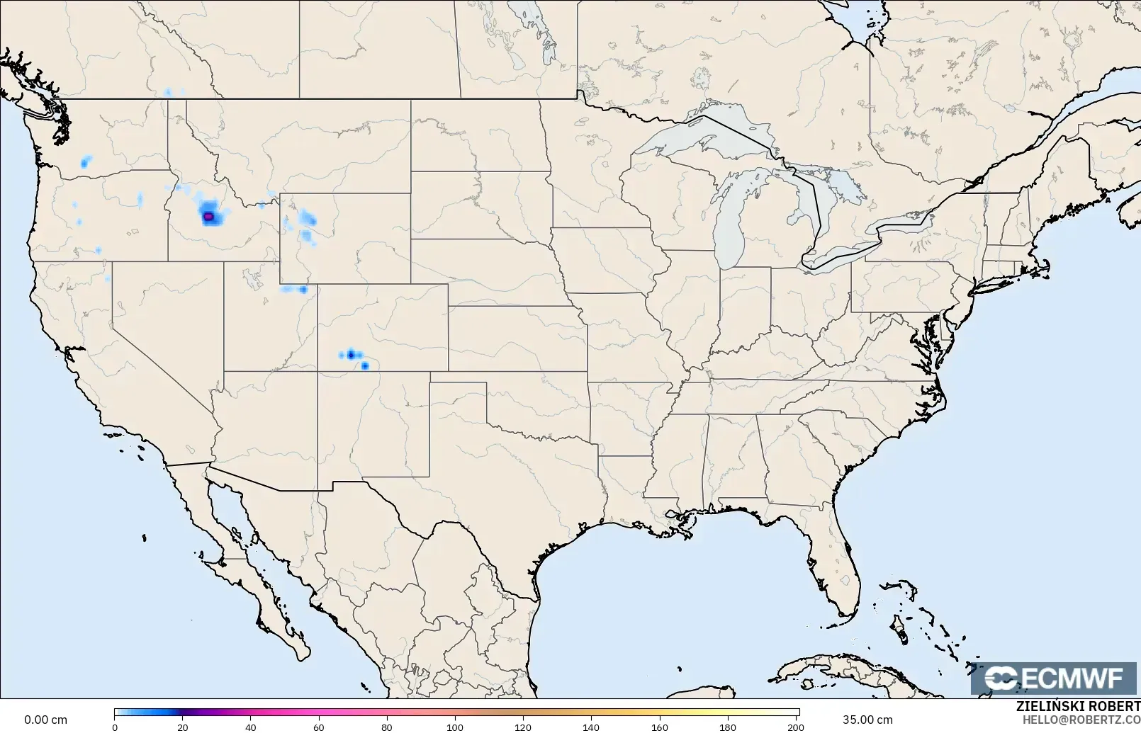 ECMWF IFS 0,25° modelo - Estados Unidos, Profundidade da neve