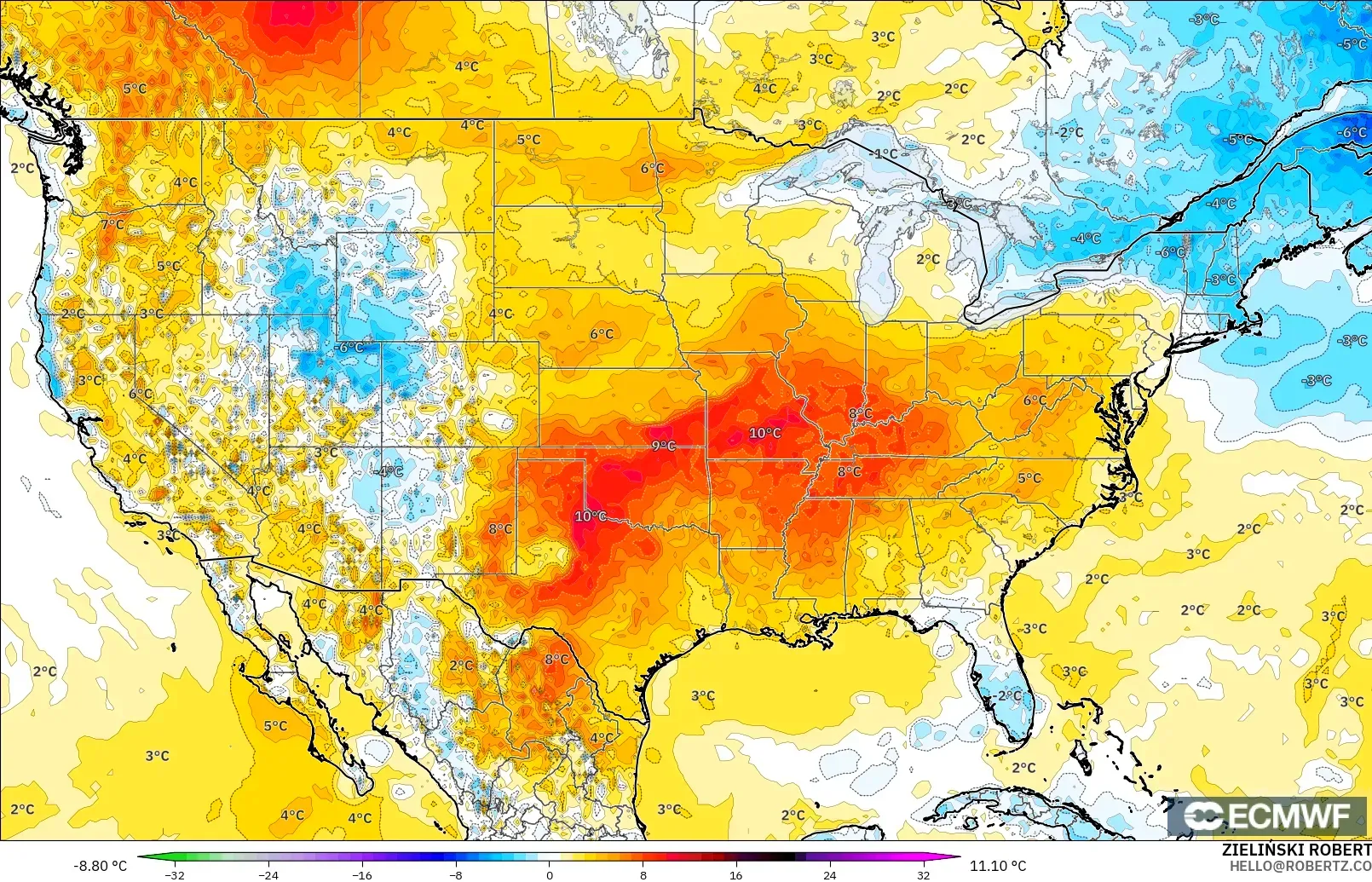ECMWF IFS 0,25° modelo - Estados Unidos, Anomalia de temperatura a 2 m
