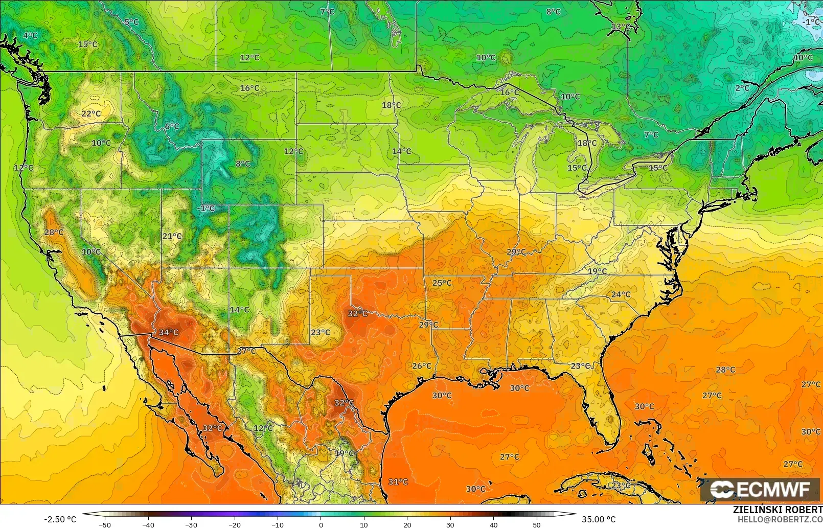 ECMWF IFS 0,25° modelo - Estados Unidos, Temperatura a 2 m