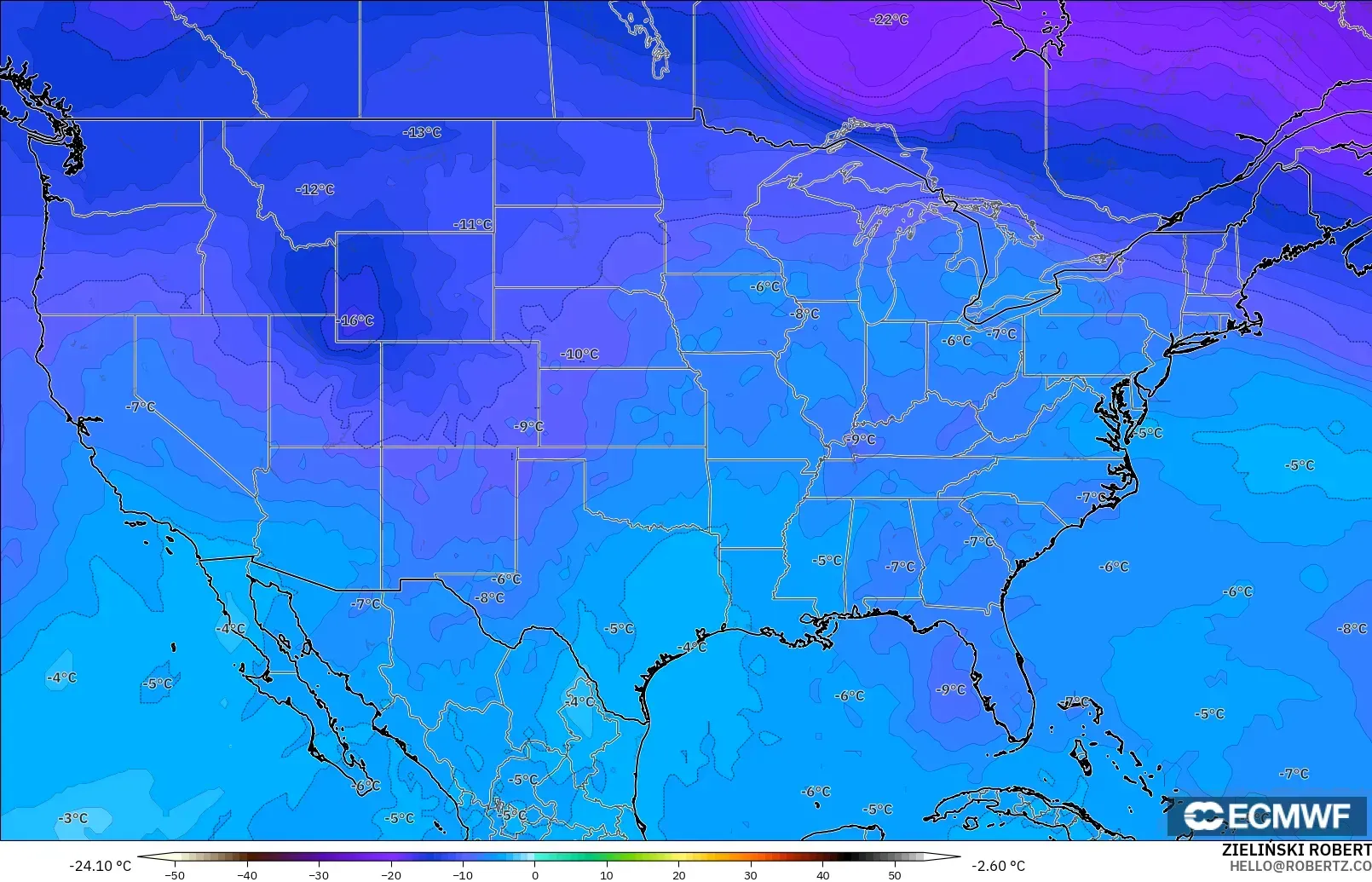 ECMWF IFS 0,25° modelo - Estados Unidos, Temperatura a 500 hPa