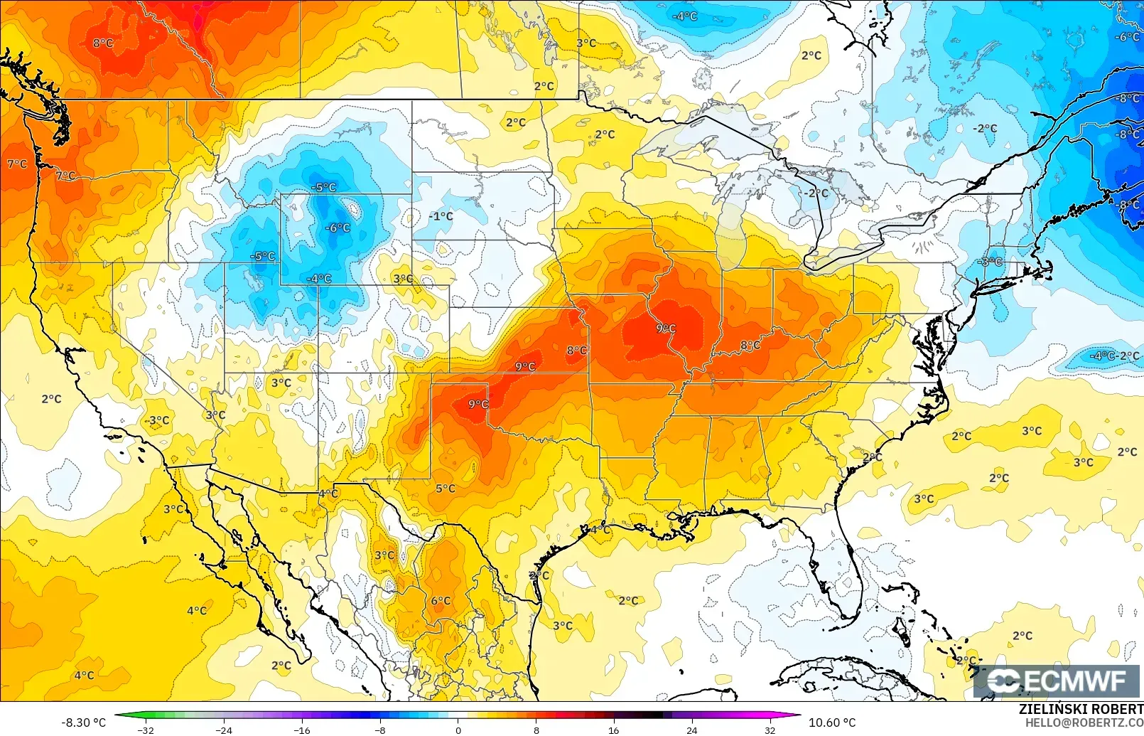 ECMWF IFS 0,25° modelo - Estados Unidos, Anomalia de temperatura a 850 hPa