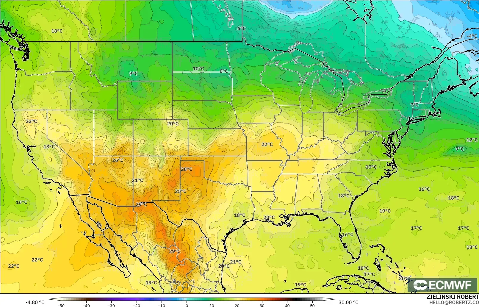 ECMWF IFS 0,25° modelo - Estados Unidos, Temperatura a 850 hPa