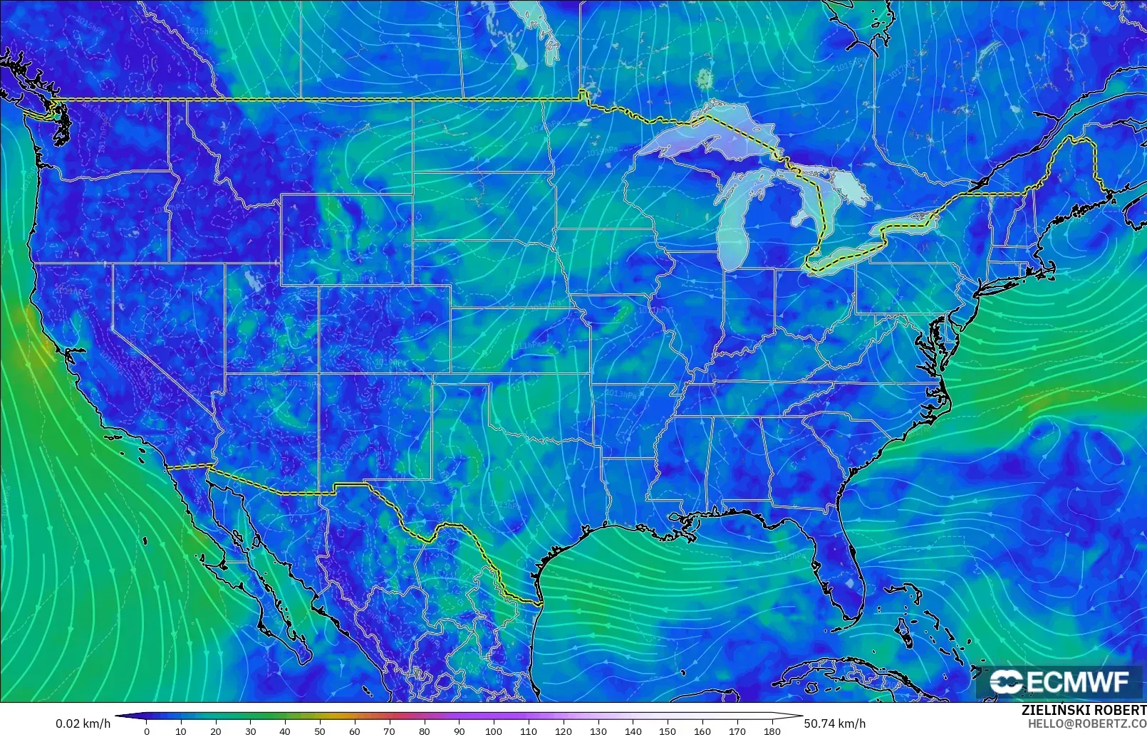 ECMWF IFS 0,25° modelo - Estados Unidos, Vento a 10 m