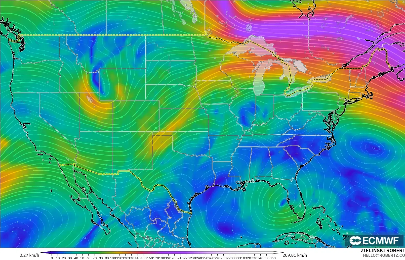 ECMWF IFS 0,25° modelo - Estados Unidos, Vento a 300 hPa (corrente em jato)