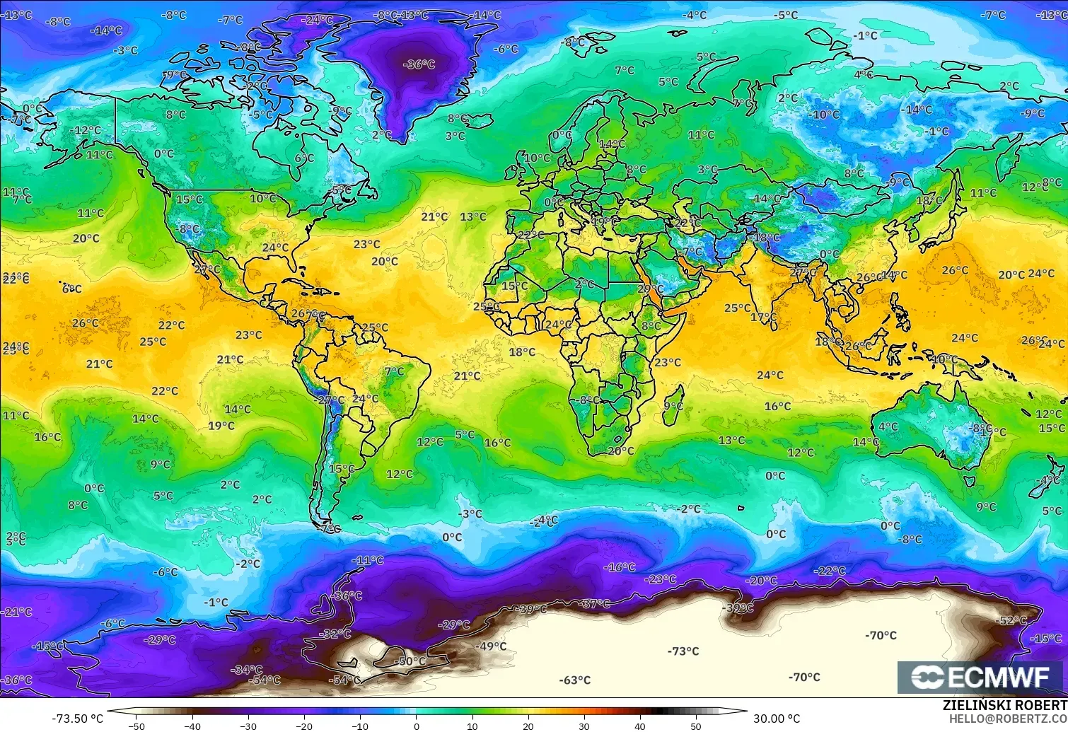 ECMWF IFS 0,25° modelo - Mundo, Ponto de orvalho a 2 m