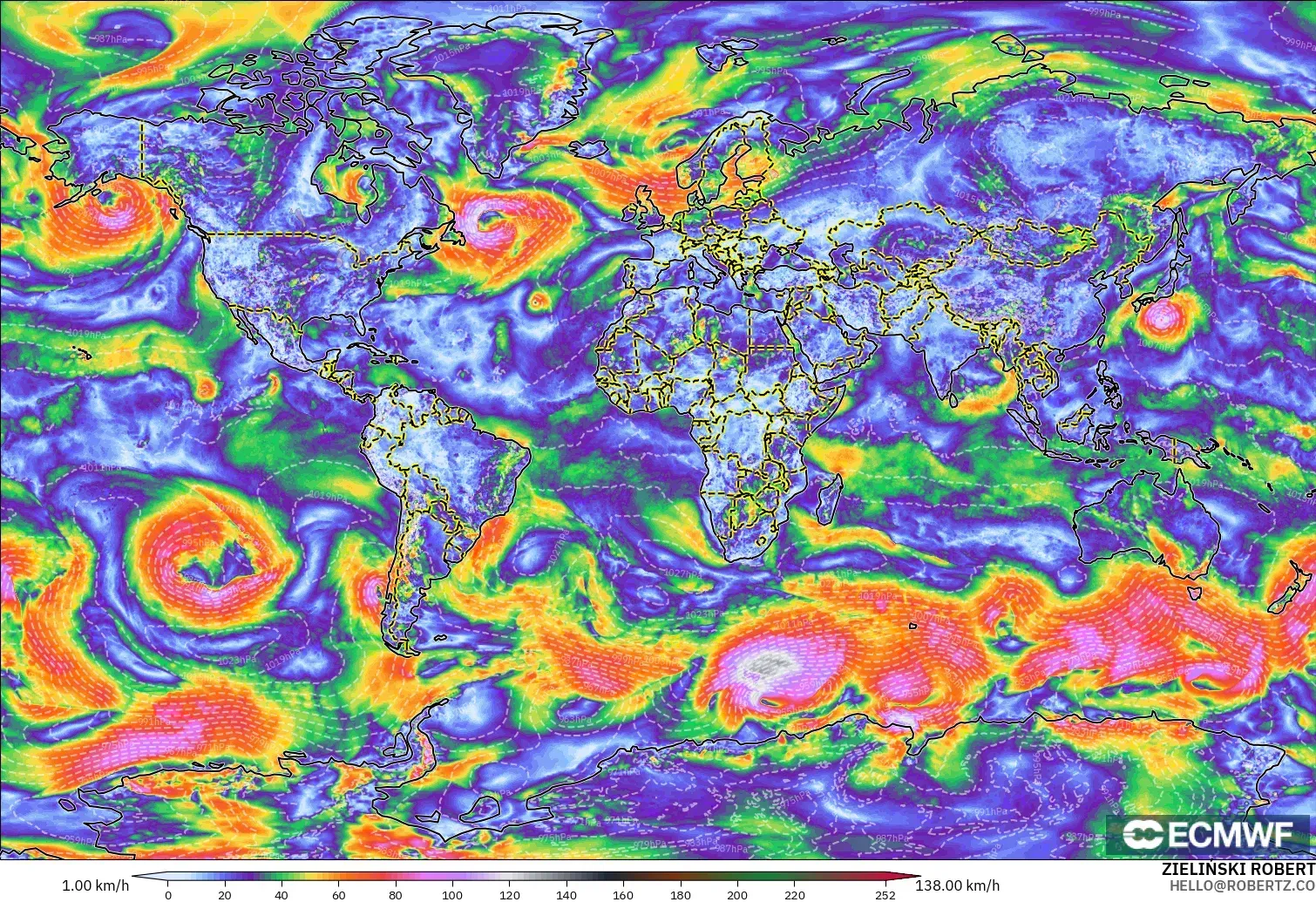 ECMWF IFS 0,25° modelo - Mundo, Rajadas de vento