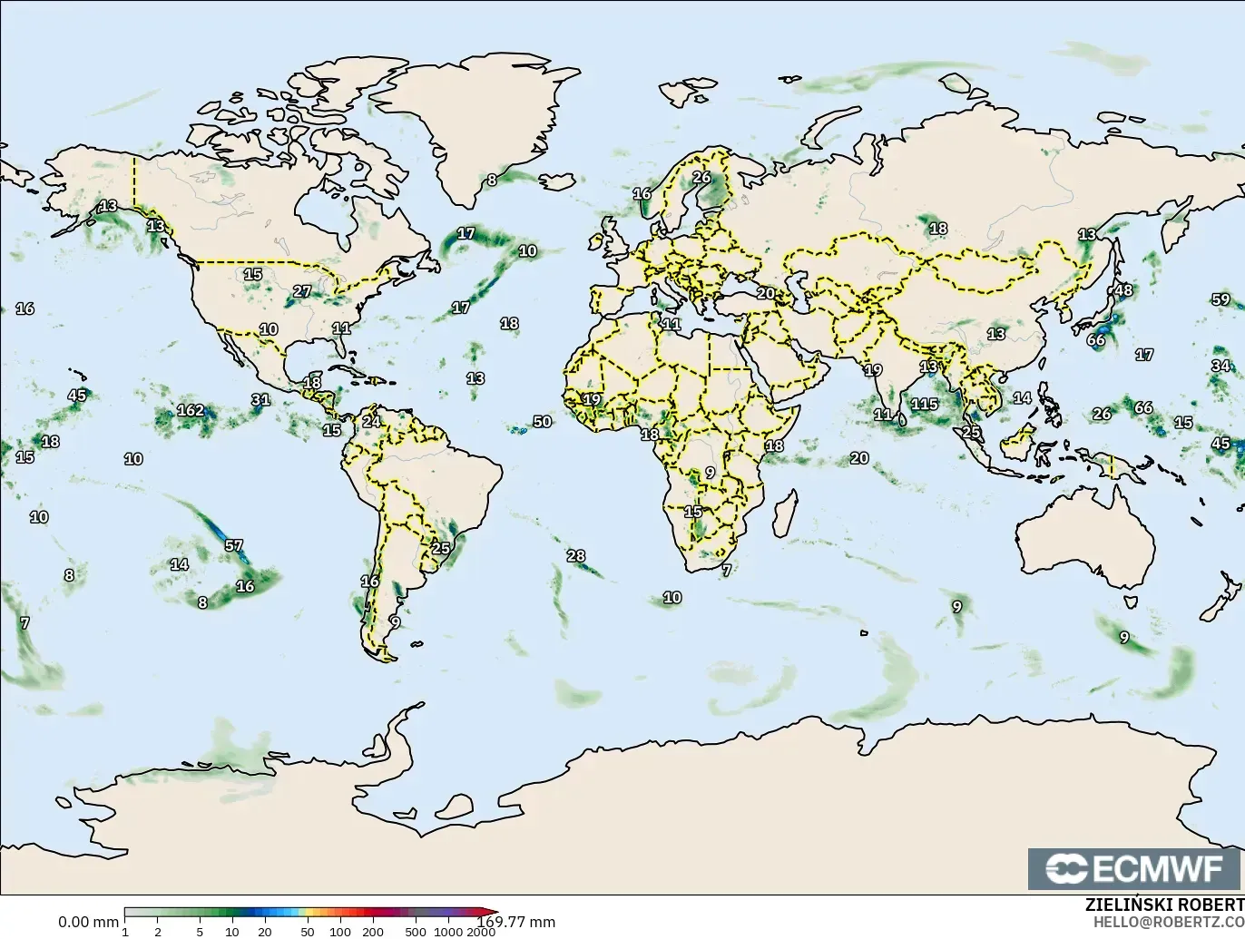 ECMWF IFS 0,25° modelo - Mundo, Acúmulo de precipitação