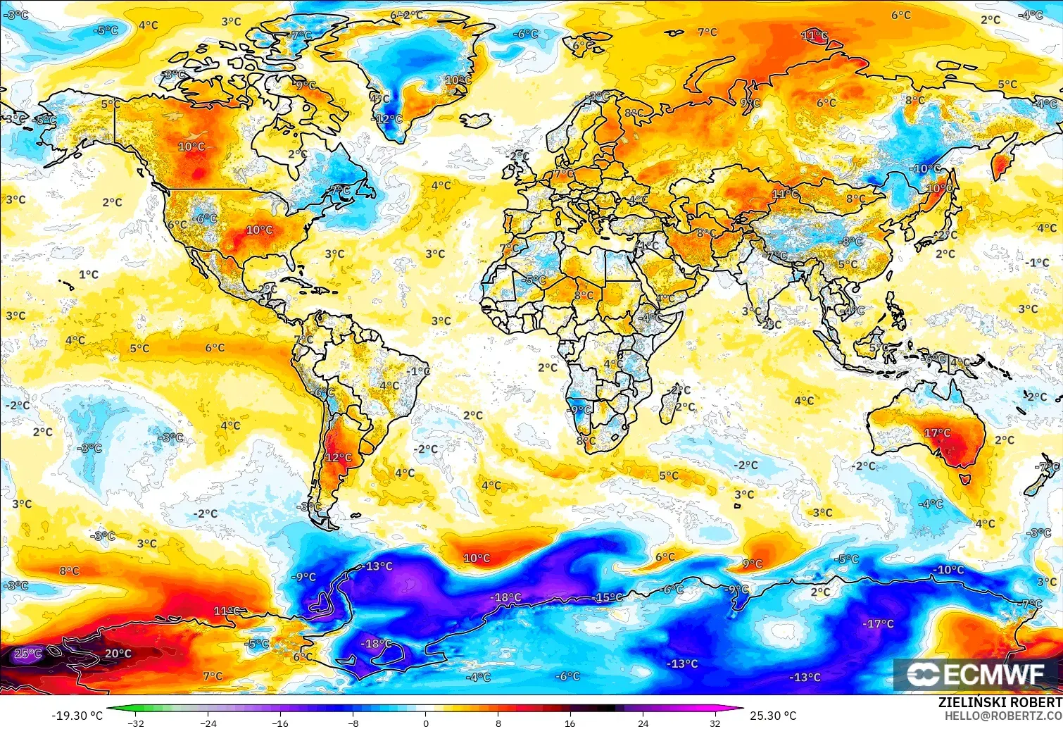 ECMWF IFS 0,25° modelo - Mundo, Anomalia de temperatura a 2 m