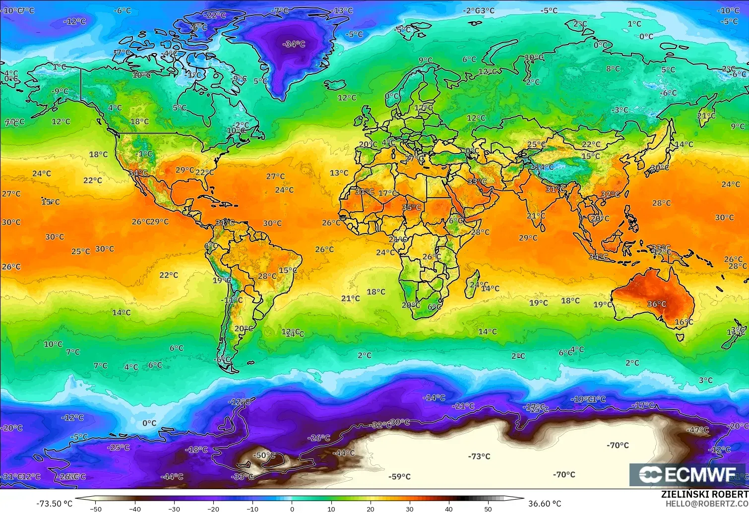 ECMWF IFS 0,25° modelo - Mundo, Temperatura a 2 m