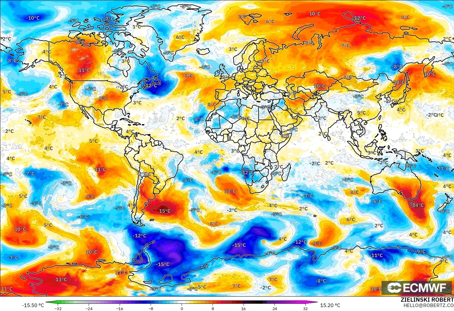 ECMWF IFS 0,25° modelo - Mundo, Anomalia de temperatura a 850 hPa