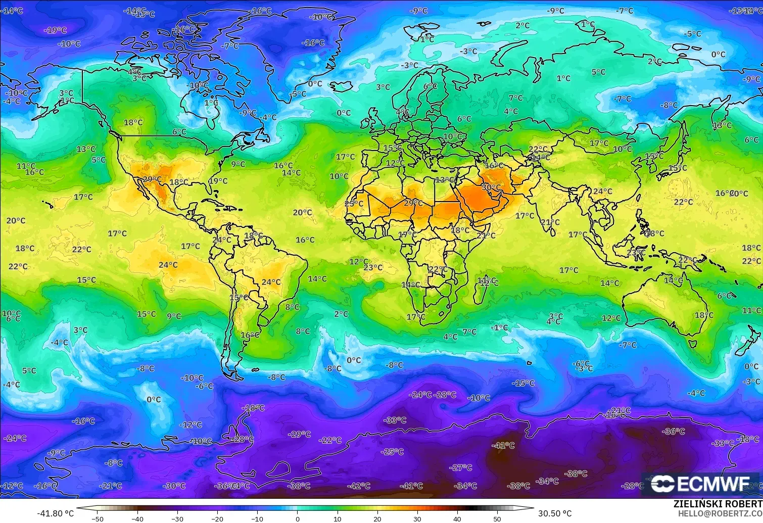 ECMWF IFS 0,25° modelo - Mundo, Temperatura a 850 hPa