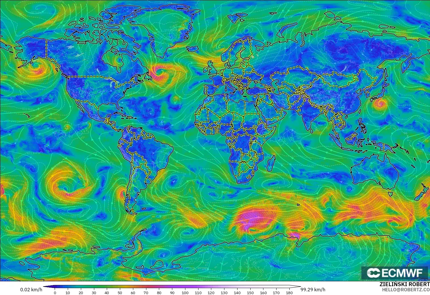 ECMWF IFS 0,25° modelo - Mundo, Vento a 10 m