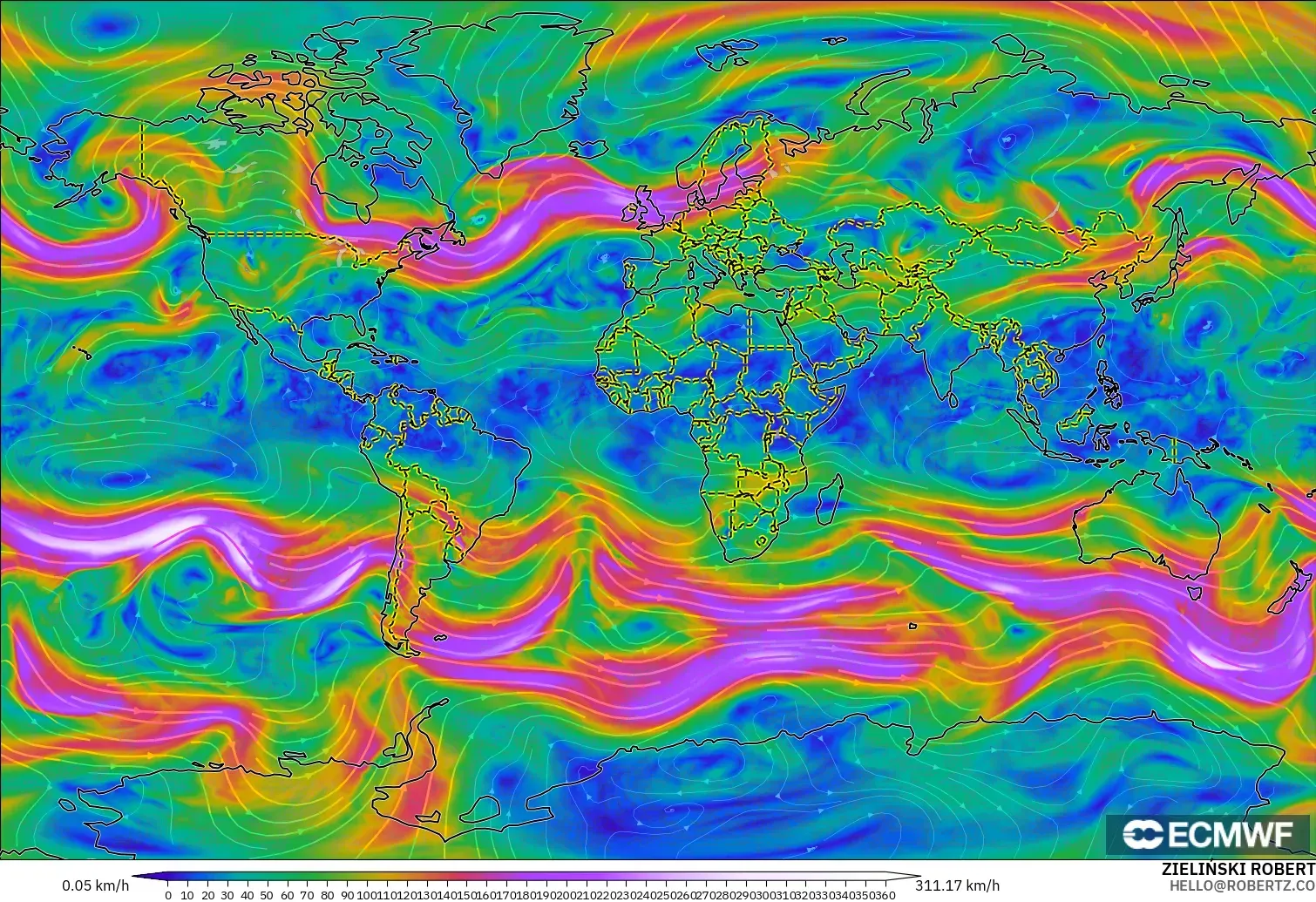 ECMWF IFS 0,25° modelo - Mundo, Vento a 300 hPa (corrente em jato)