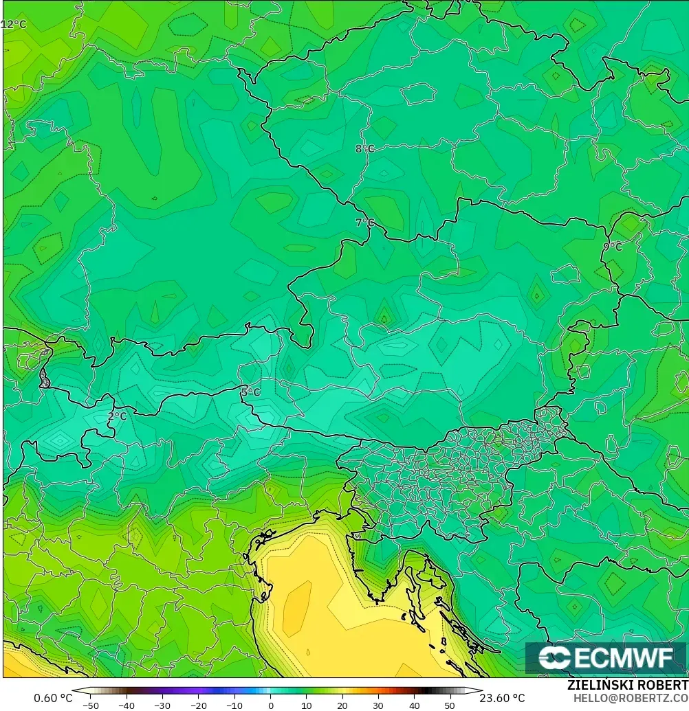 ECMWF IFS 0,25° modelo - Áustria, Temperatura a 2 m