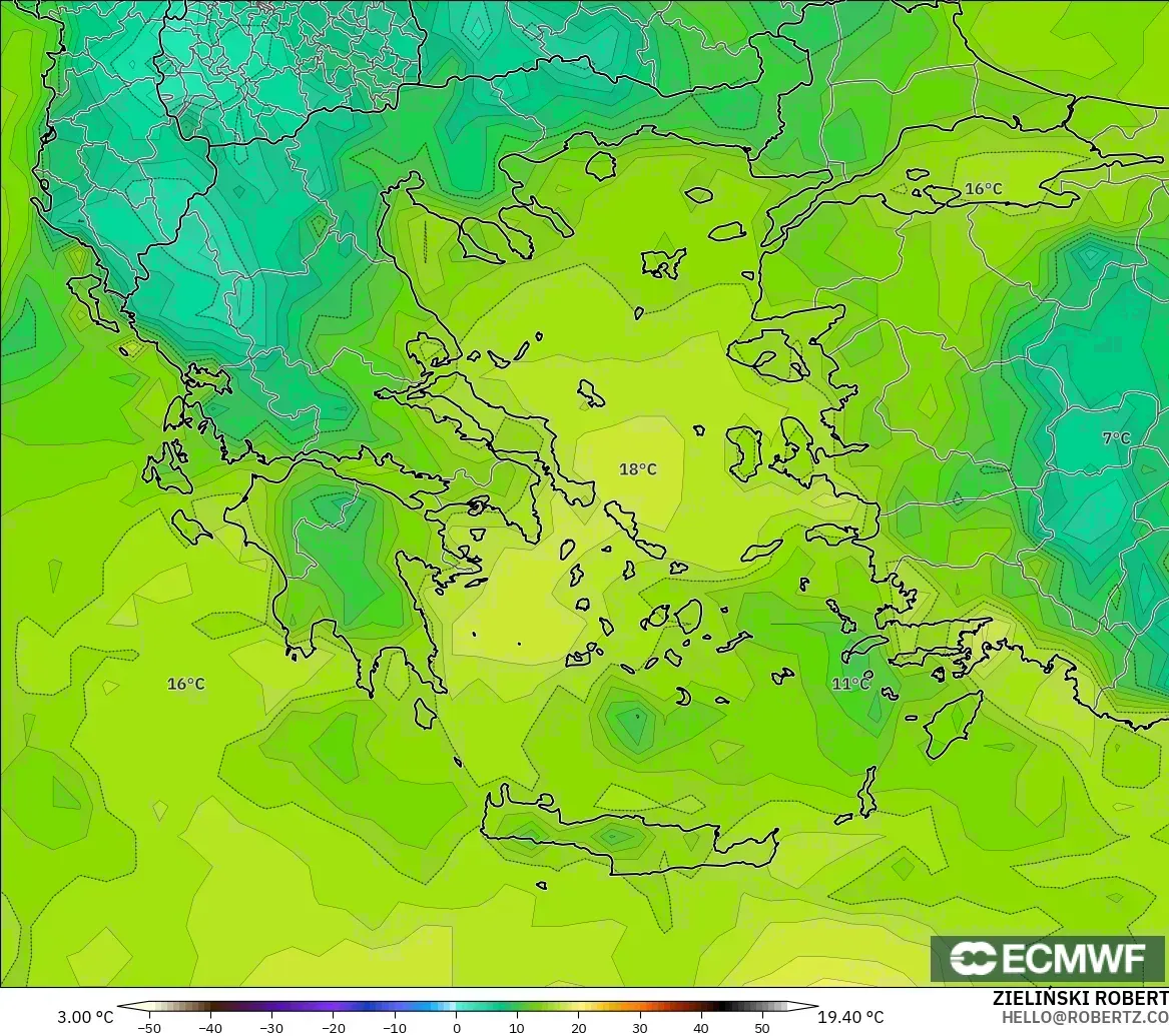 ECMWF IFS 0,25° modelo - Grécia, Ponto de orvalho a 2 m