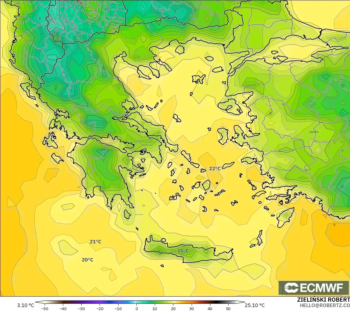 ECMWF IFS 0,25° modelo - Grécia, Temperatura a 2 m
